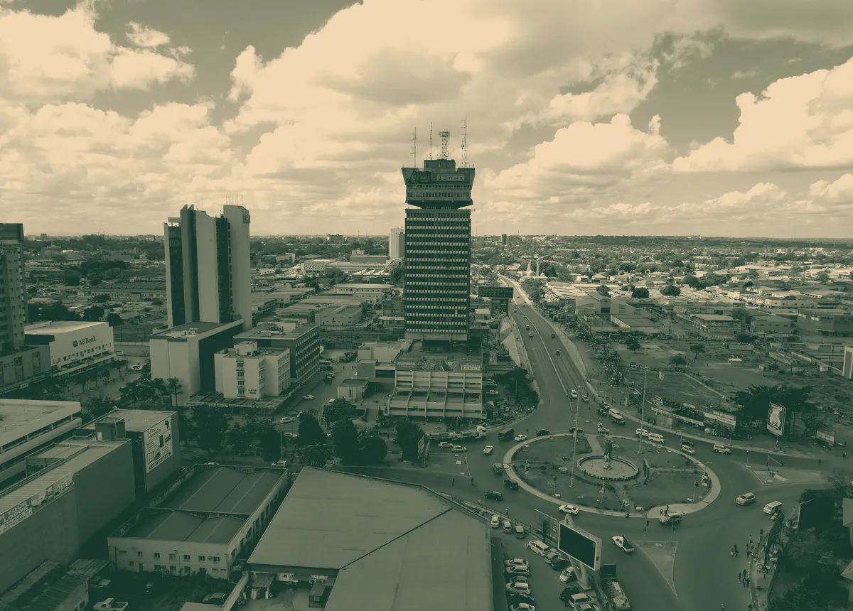 Aerial view of Lusaka's central business district, its roundabout and main roads.